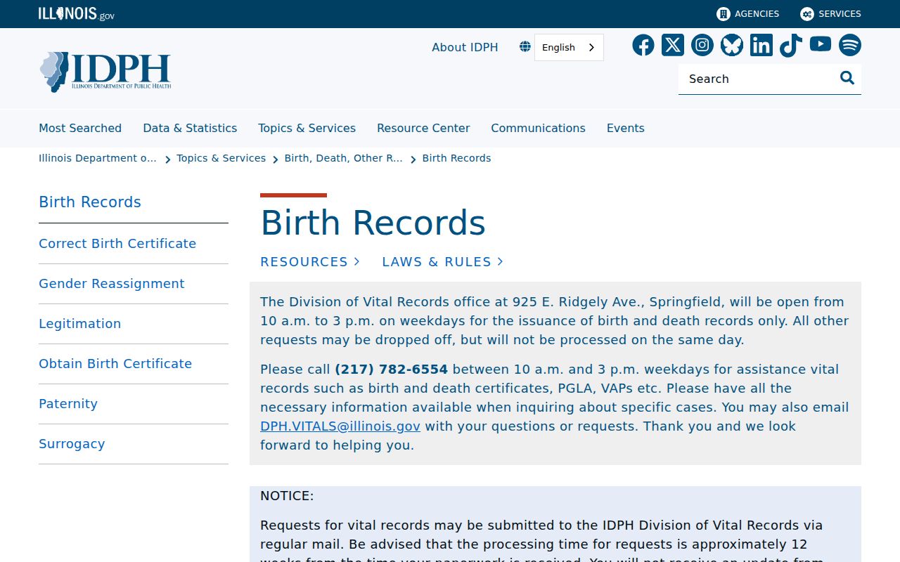 Illinois Department of Public Health birth record access page