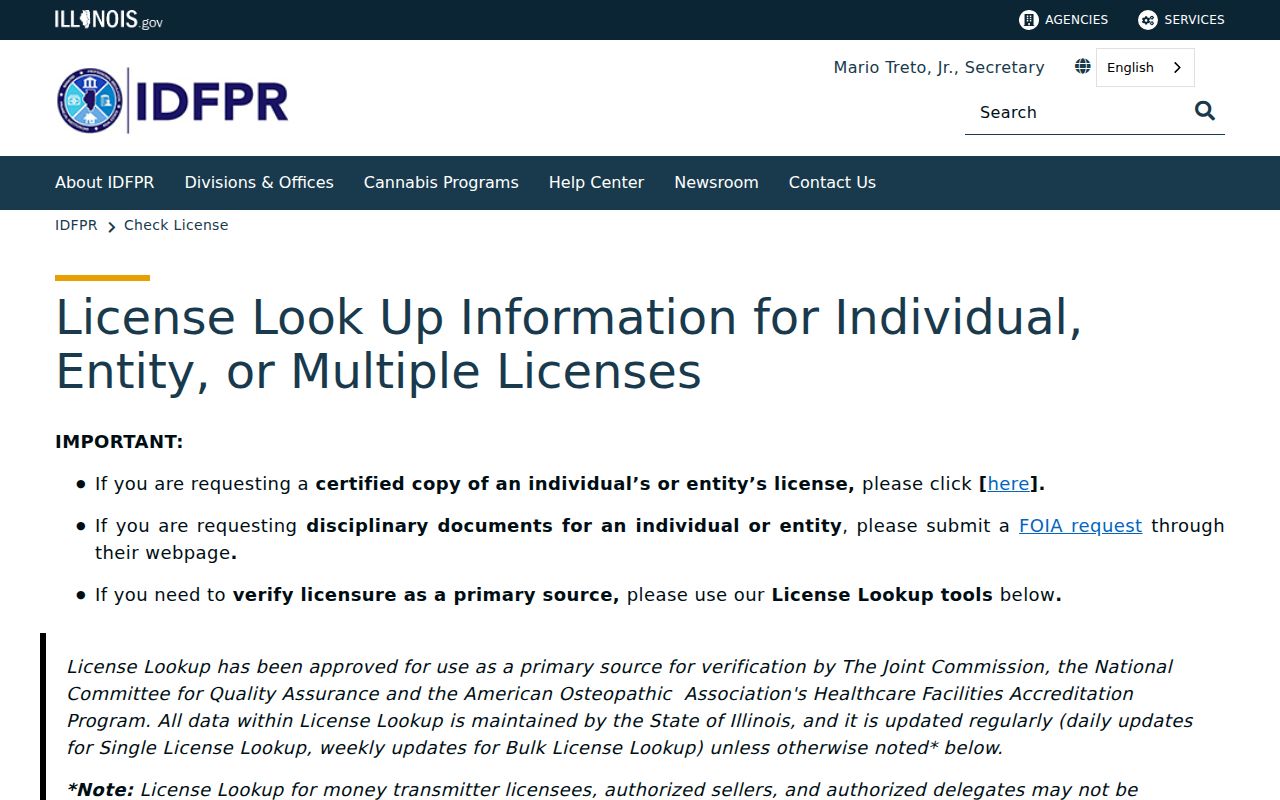 Illinois IDFPR professional license verification screen for Bartlett research